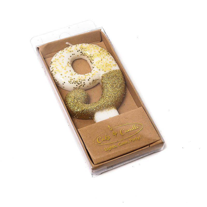 Gold Glitter Dipped Number 9 Candle - 8cm - The Base Warehouse