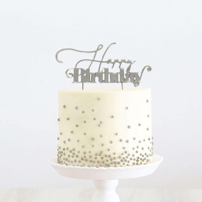 Silver Metal HBD Cake Topper - 6.5cm x 13.5cm - The Base Warehouse