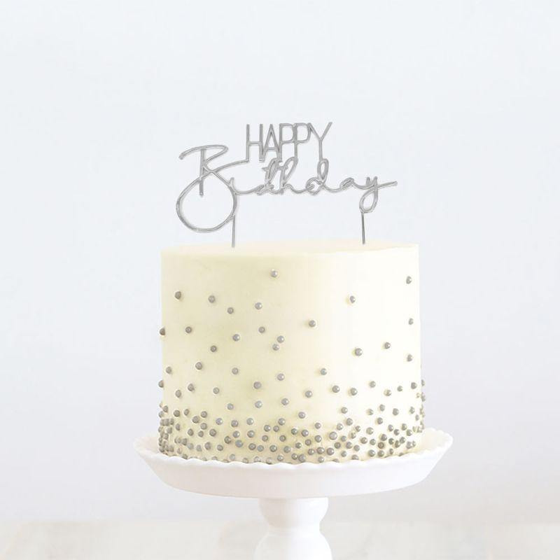 Silver Metal HBD Cake Topper - 7.5cm x 13cm - The Base Warehouse
