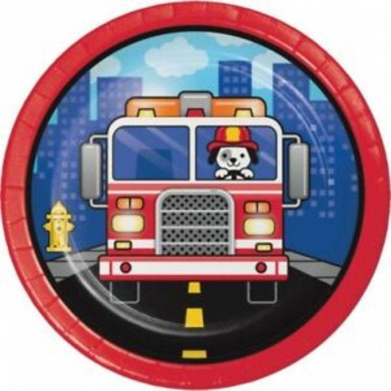 8 Pack Flaming Fire Truck Paper Plates - 18cm - The Base Warehouse