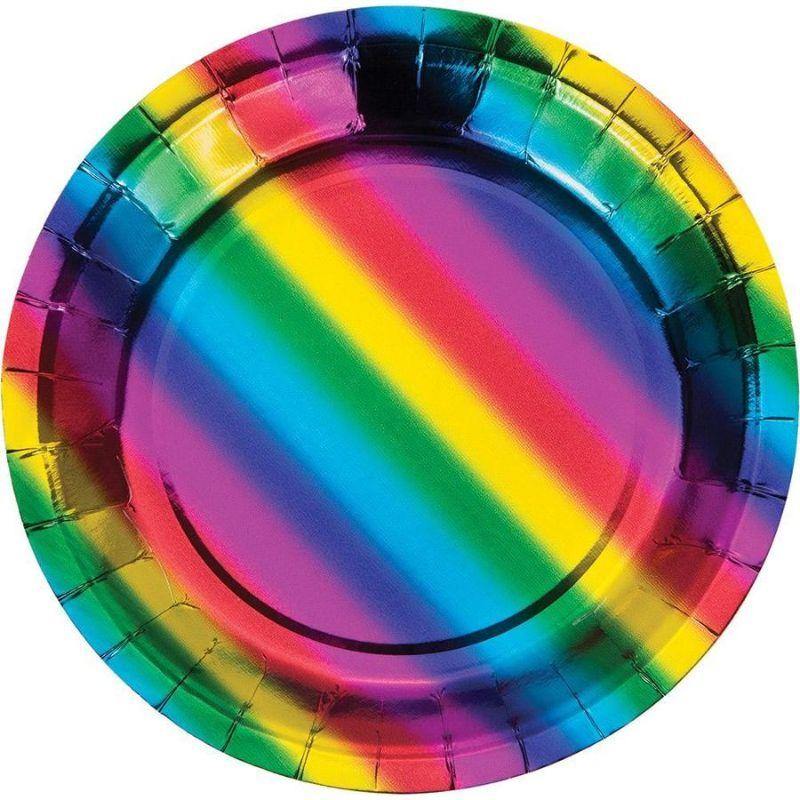 12 Pack Rainbow Foil Plates - 18cm - The Base Warehouse