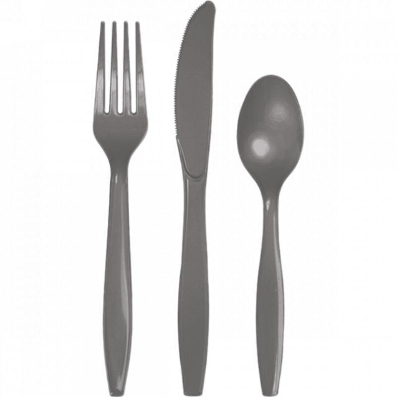 24 Pack Glamour Gray Plastic Cutlery Set - 8 x Knife, 8 x Forks, 8 x Spoon - The Base Warehouse