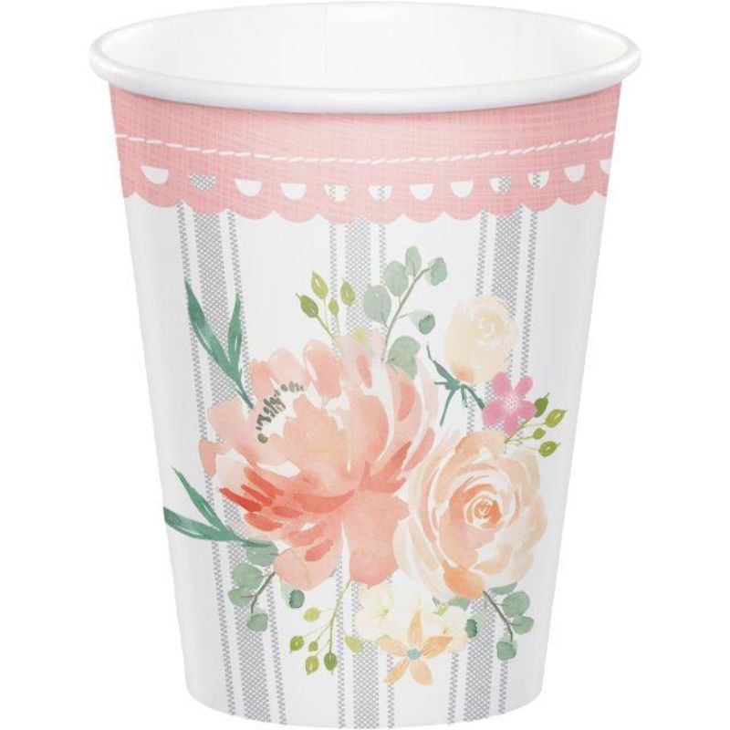 8 Pack Farmhouse Floral Paper Cups - 266ml