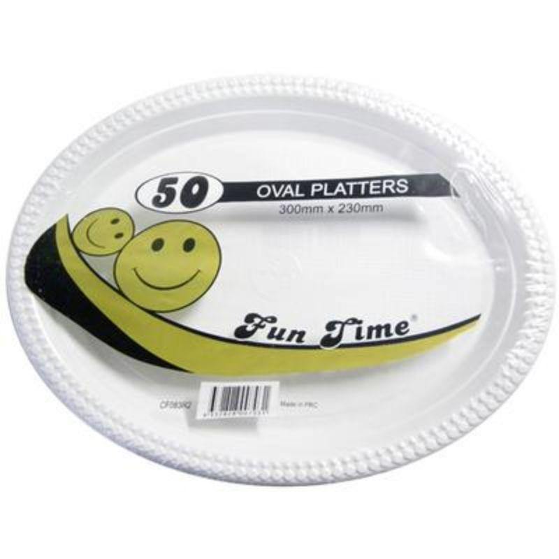 50 Pack Disposable White Plastic Oval Platters - 30cm x 23cm - The Base Warehouse