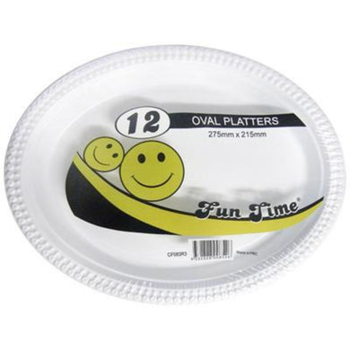 12 Pack Disposable White Plastic Oval Platters - 27.5cm x 21.5cm - The Base Warehouse