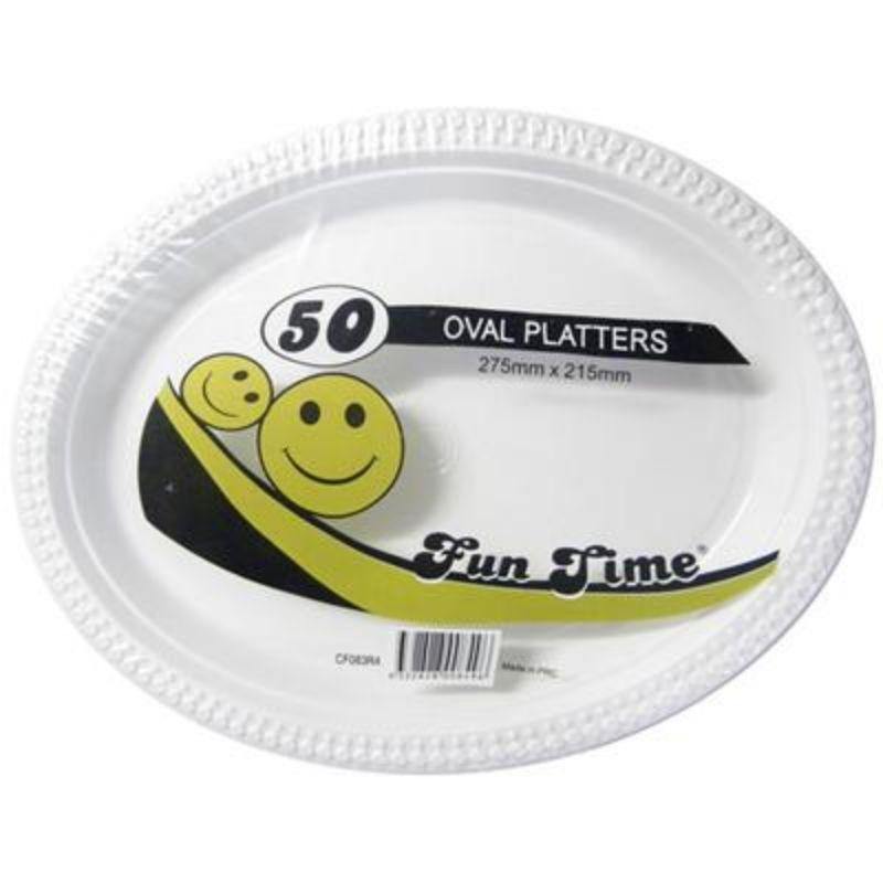 50 Pack Disposable White Plastic Oval Platters - 27.5cm x 21.5cm - The Base Warehouse