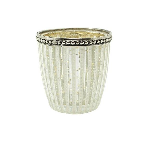 Glass Candle Holder with Stripes & Dotted Rim - 7.5cm x 8cm - The Base Warehouse