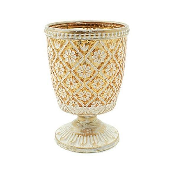 Distressed Golden Antique Glass Candle Holder with Floral Pattern - 7cm x 11cm - The Base Warehouse
