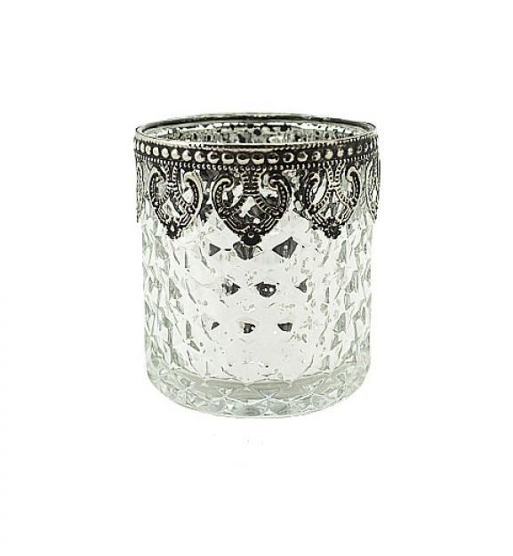 Antique Clear Glass Candle Holder with Black Trims - 8cm x 9cm - The Base Warehouse