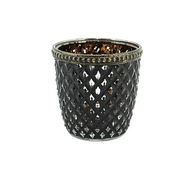 Black Glass Candle Holder with Gold Dotted Rim - The Base Warehouse