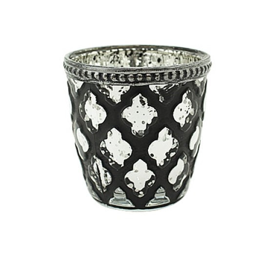 Black & Clear Glass Candle Holder with Cross Pattern