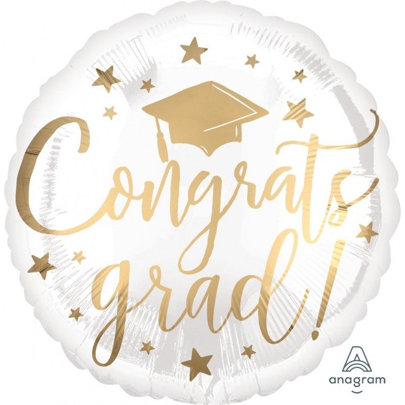 Congrats Grad White and Gold Foil Balloon - 45cm