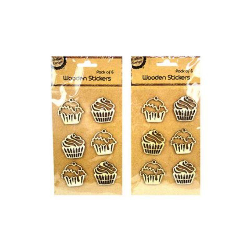 6 Pack Wooden Sticker - Cupcake - The Base Warehouse