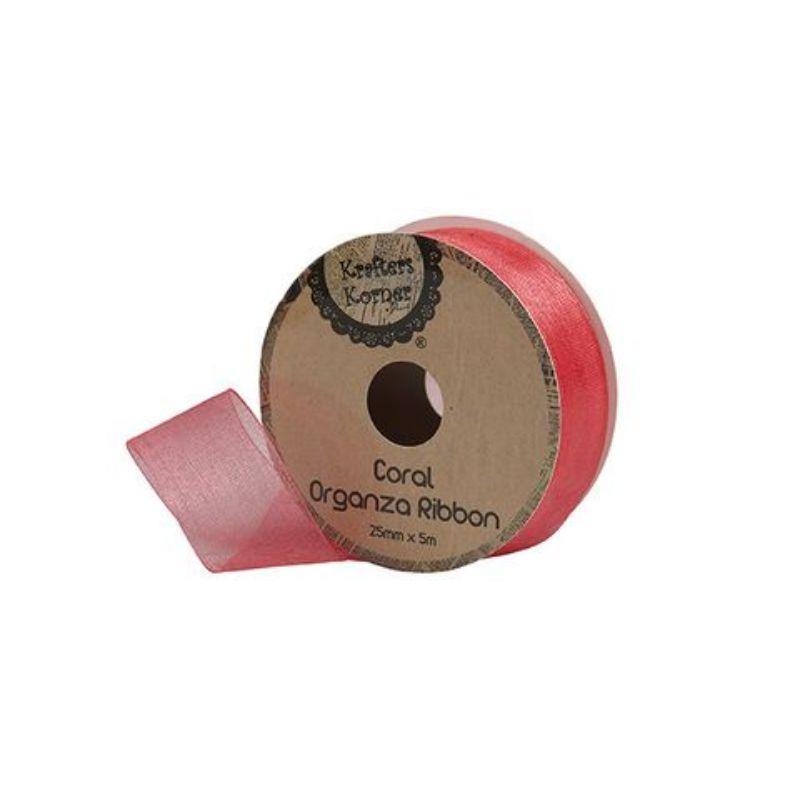 Organza Coral Ribbon - 25mm x 5m - The Base Warehouse