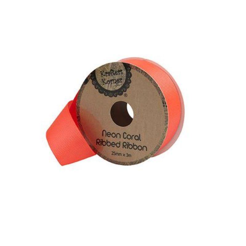 Ribbed Neon Coral Ribbon - 25mm x 3m - The Base Warehouse