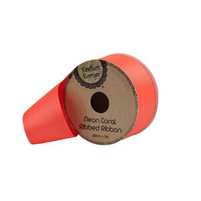 Ribbed Neon Coral Ribbon - 38mm x 3m - The Base Warehouse