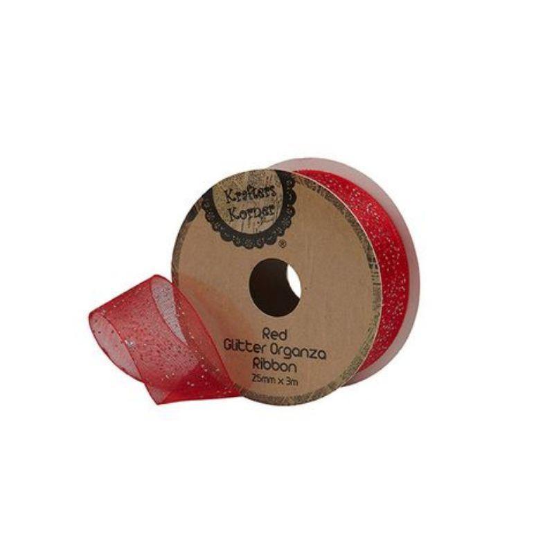 Glitter Organza Red Ribbon - 25mm x 3m - The Base Warehouse