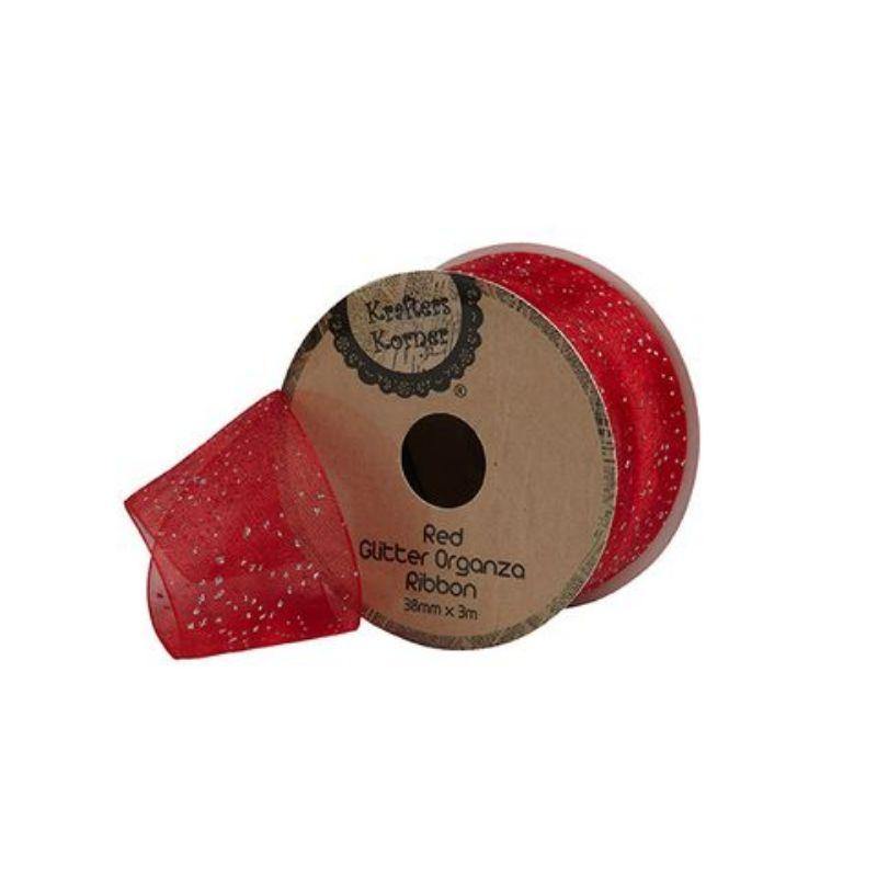 Glitter Organza Red Ribbon - 38mm x 3m - The Base Warehouse