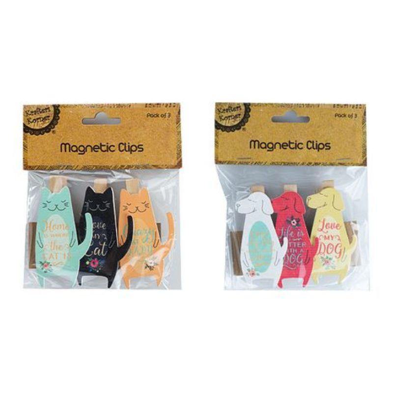 3 Pack Wooden Magnetic Dog / Cat Pegs - 7.5cm x 3cm