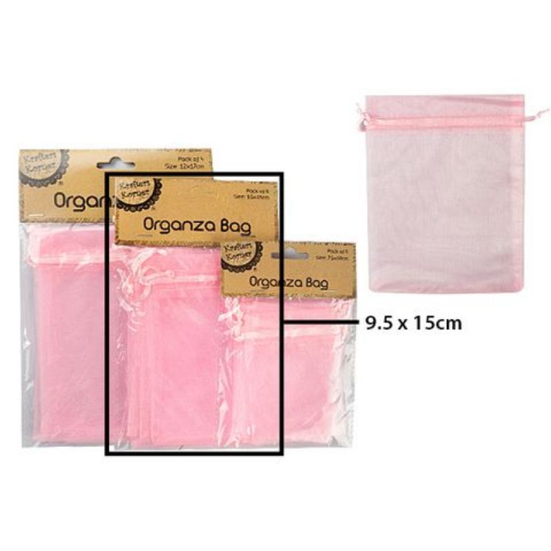 6 Pack Pink Organza Bags - 9.5cm x 15cm