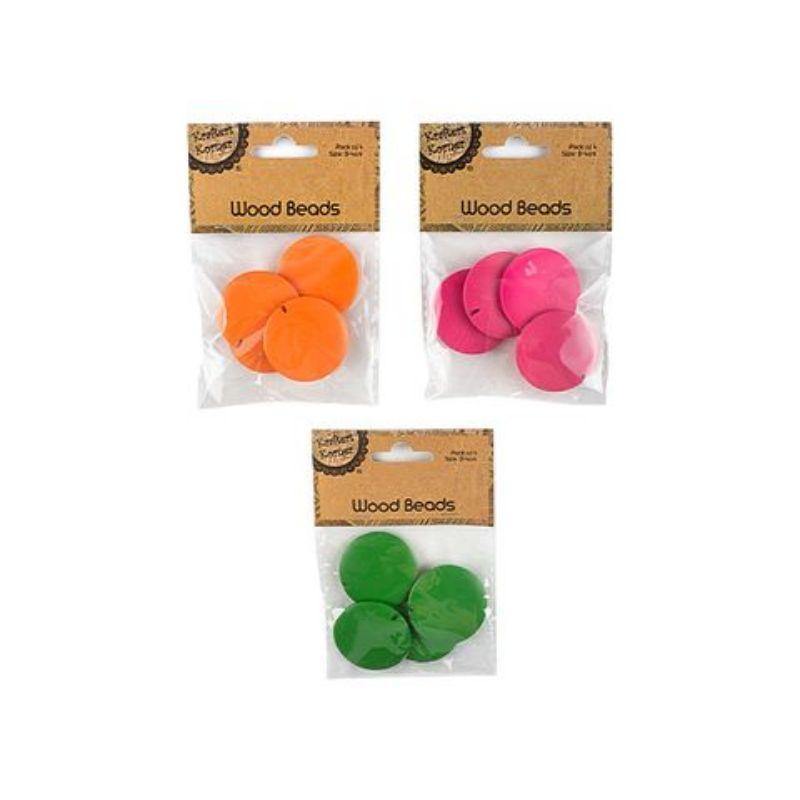 4 Pack Round Coloured Wood Beads - 4cm