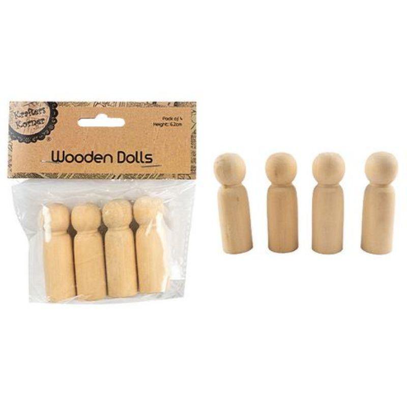 4 Pack Natural Wood Dolls - 6.2cm x 2cm