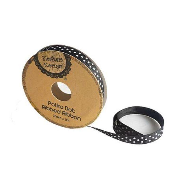 Black White Dot Ribbon - 10mm x 3m - The Base Warehouse