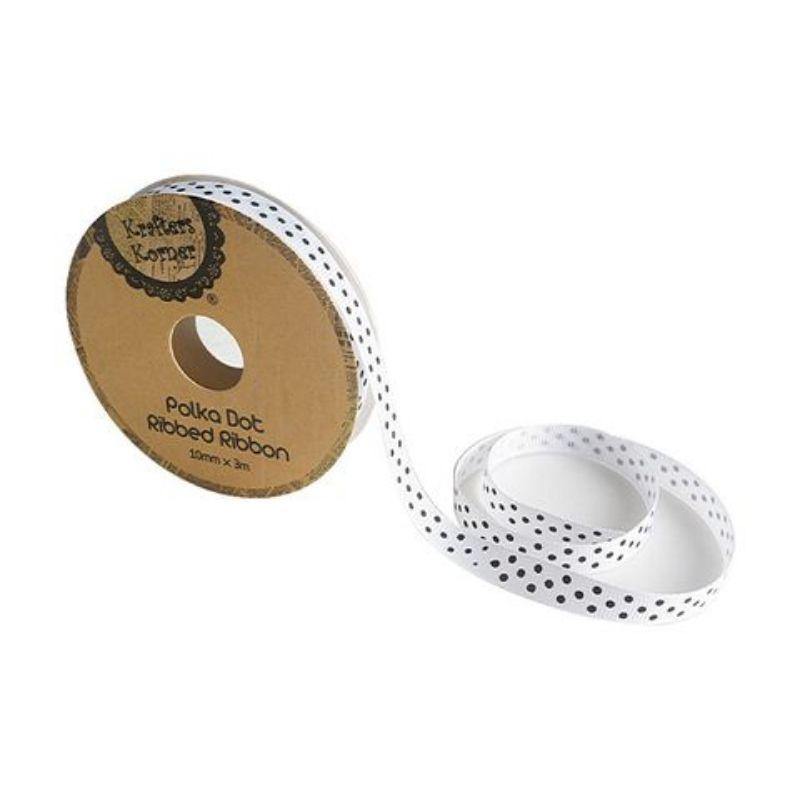 White Black Dot Ribbon - 10mm x 3m - The Base Warehouse