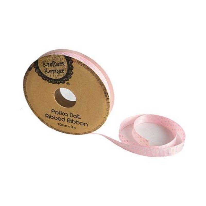 Pink White Dot Ribbon - 10mm x 3m - The Base Warehouse