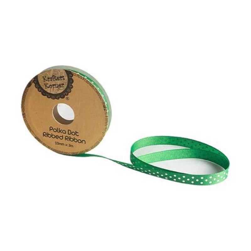 Green White Dot Ribbon - 10mm x 3m