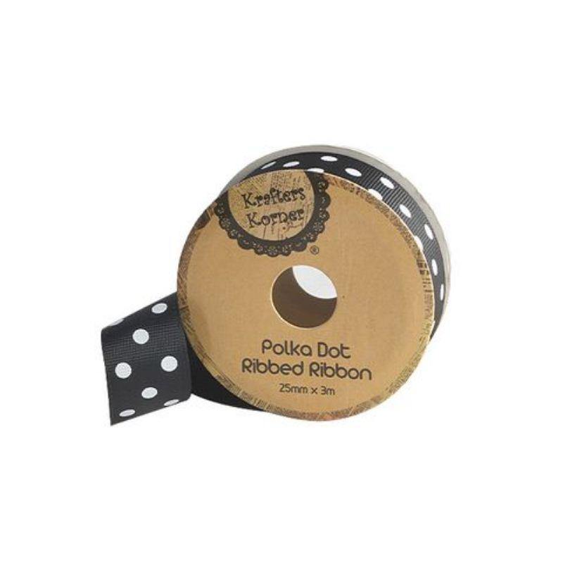 Black White Dot Ribbon - 25mm x 3m - The Base Warehouse