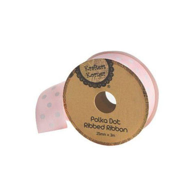 Pink White Dot Ribbon - 25mm x 3m - The Base Warehouse