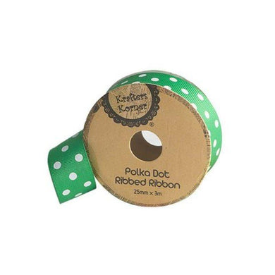 Green White Dot Ribbon - 25mm x 3m - The Base Warehouse