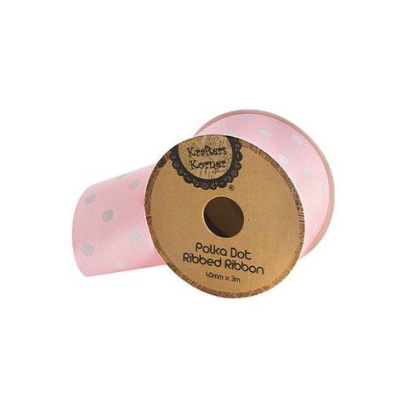 Pink White Dot Ribbon - 40mm x 3m - The Base Warehouse