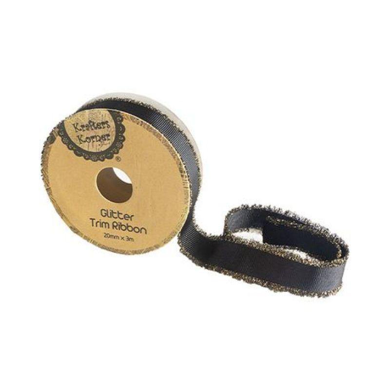 Black Glitter Trim Ribbon - 20mm x 3m - The Base Warehouse