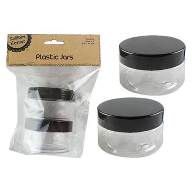 2 Pack Plastic Jars with Black Screw on Cap - 7cm x 4cm - The Base Warehouse