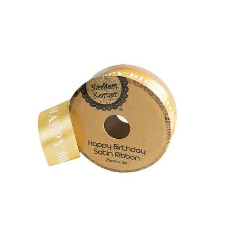 Satin Gold Happy Birthday Ribbon - 25mm x 3m - The Base Warehouse