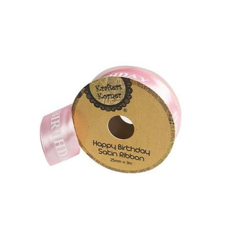 Satin Pink Happy Birthday Ribbon - 25mm x 3m - The Base Warehouse