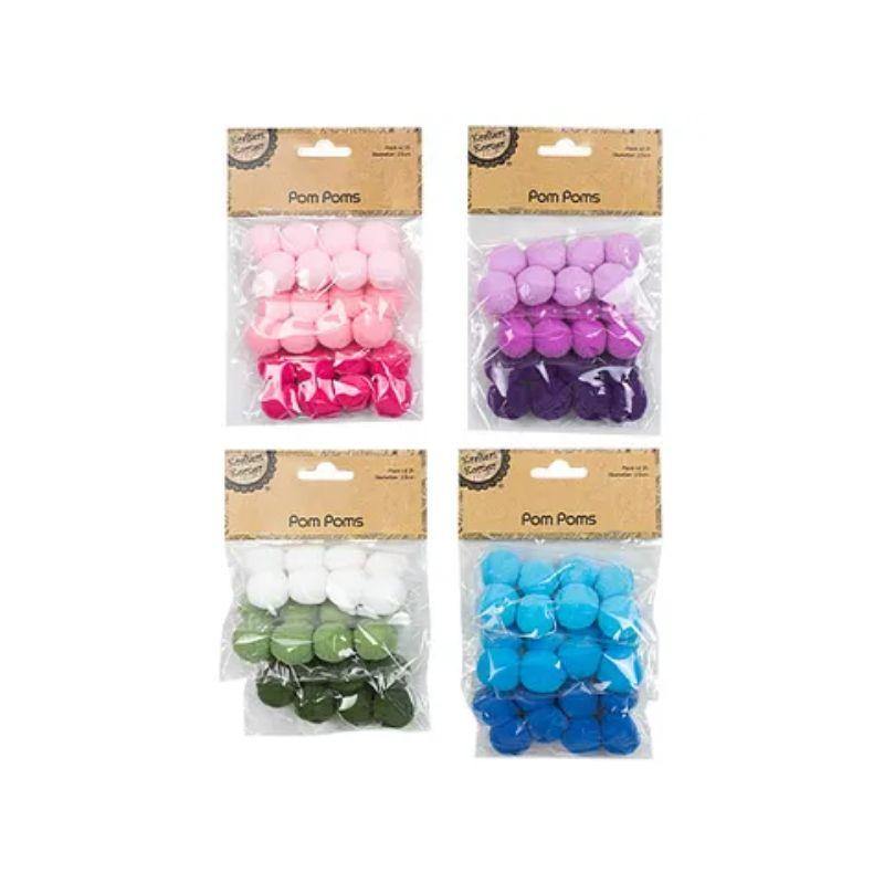 24 Pack Colour Pom Poms - 2.5cm - The Base Warehouse