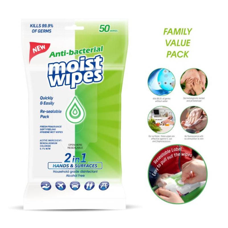 50 Pack Anti-Bacterial Moist Wipes