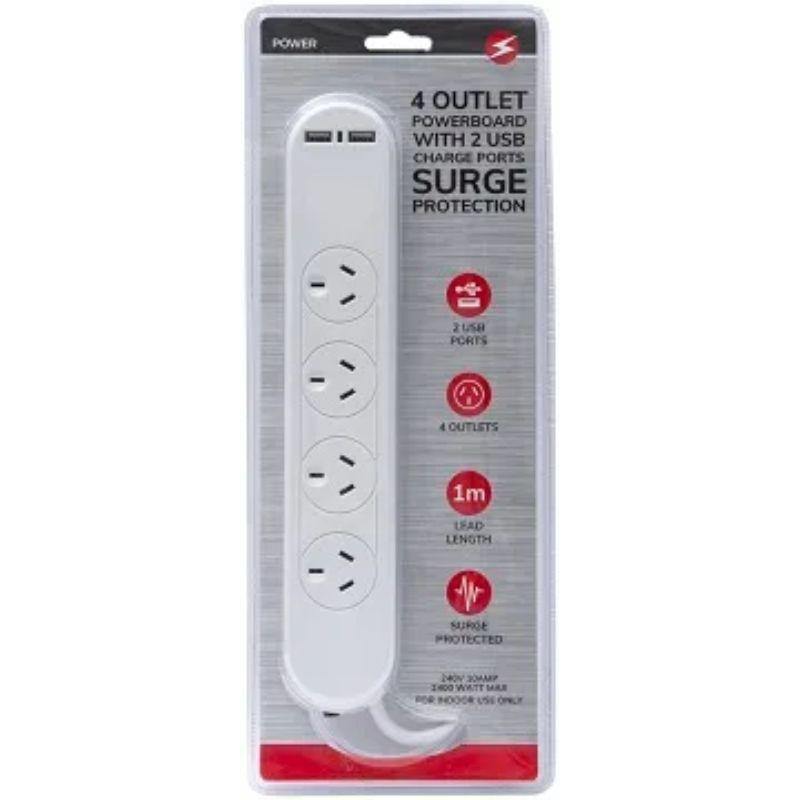 4 Outlet Powerboard and 2 USB with Surge Protection - 1m - The Base Warehouse