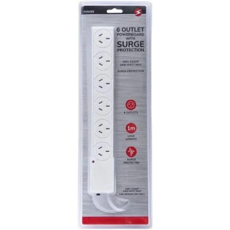 6 Outlet Powerboard with Surge Protection - 1m - The Base Warehouse