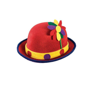 Adults Red Clown Derby Hat with Flower - The Base Warehouse
