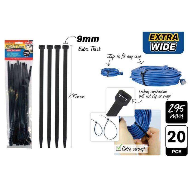 10 Pack Extra Wide Black Cable Ties - 295mm x 9mm - The Base Warehouse