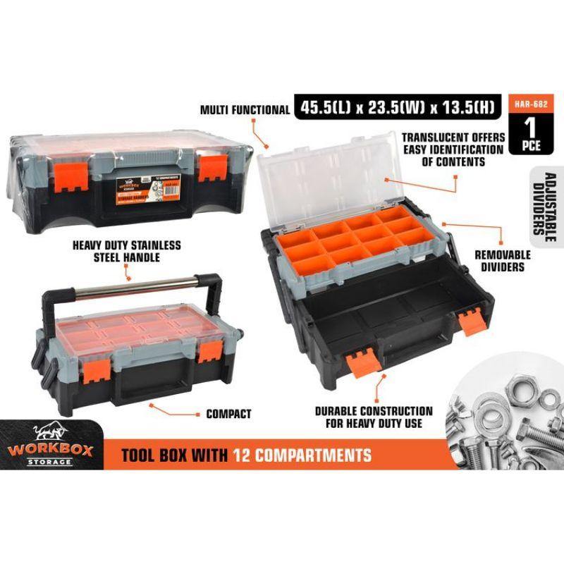 Heavy Duty Tool Box with Compartment Storage - 45.5cm x 23.5cm x 13.5cm - The Base Warehouse
