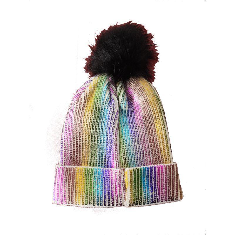 Rainbow Beanie With Black/Brown Pom Pom - The Base Warehouse