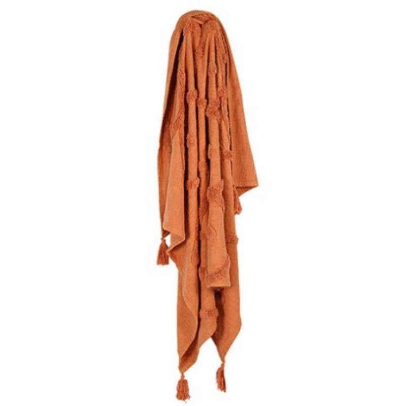 Terracotta Piol Cotton Throw with Tassels & Tufting - 150cm x 125cm - The Base Warehouse