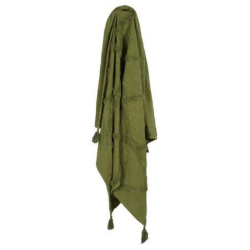 Olive Green Piol Cotton Throw with Tassels & Tufting - 150cm x 125cm