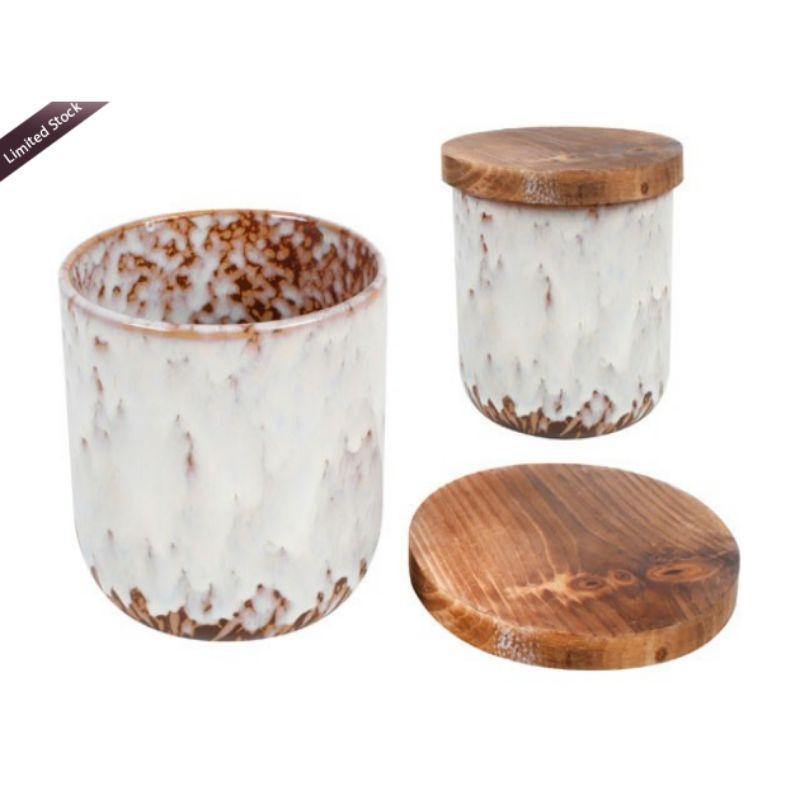 Willow Ceramic Cannister with Dark Wood Lid - 12cm x 11cm x 11cm - The Base Warehouse