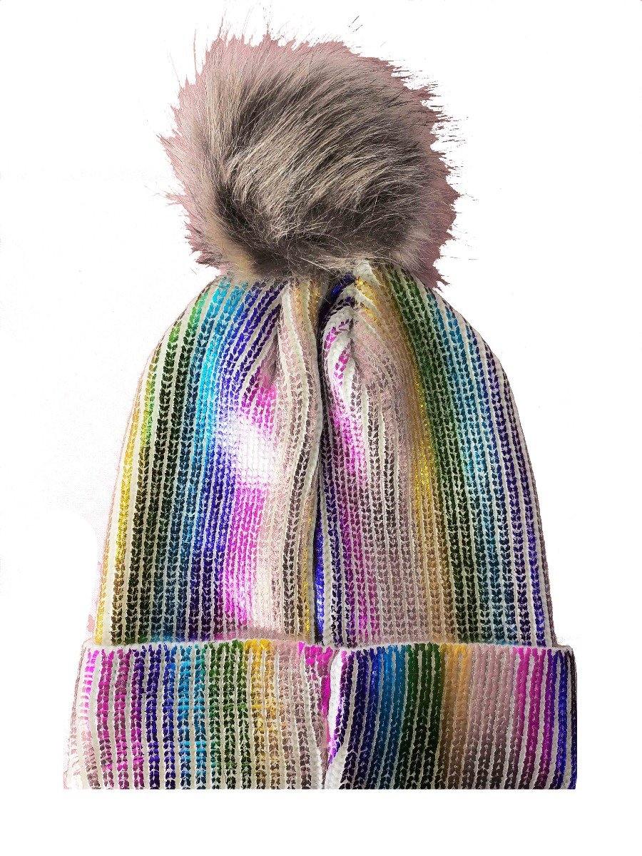 Rainbow Beanie With Black/Brown Pom Pom - The Base Warehouse